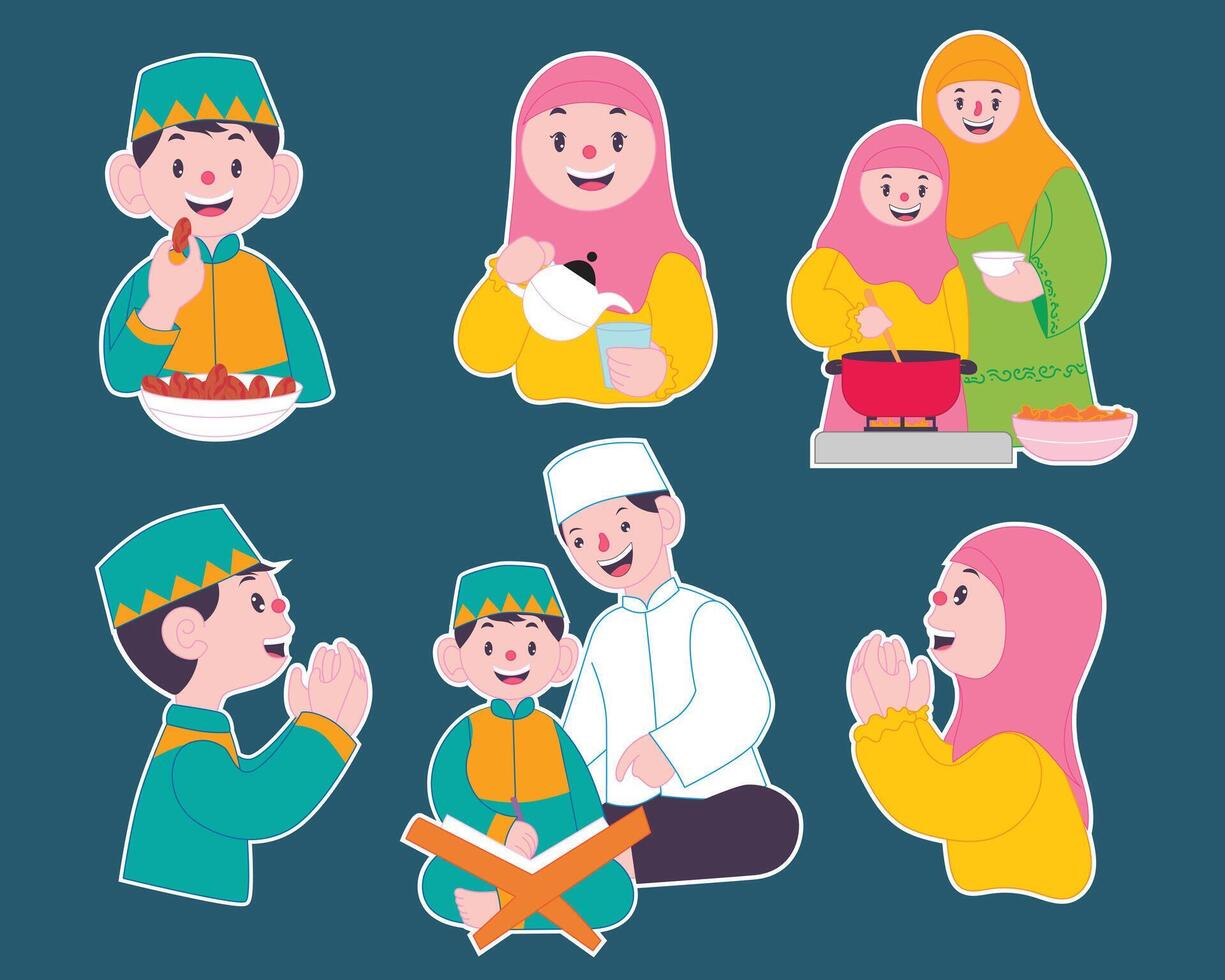 Ramadan family activities set, preparing iftar, praying together, and festive moments before breaking fast. vector