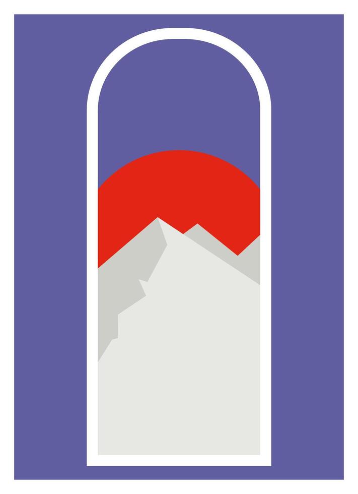 Mountains landscape with peaks and red sun illustration view. Modern boho art vector