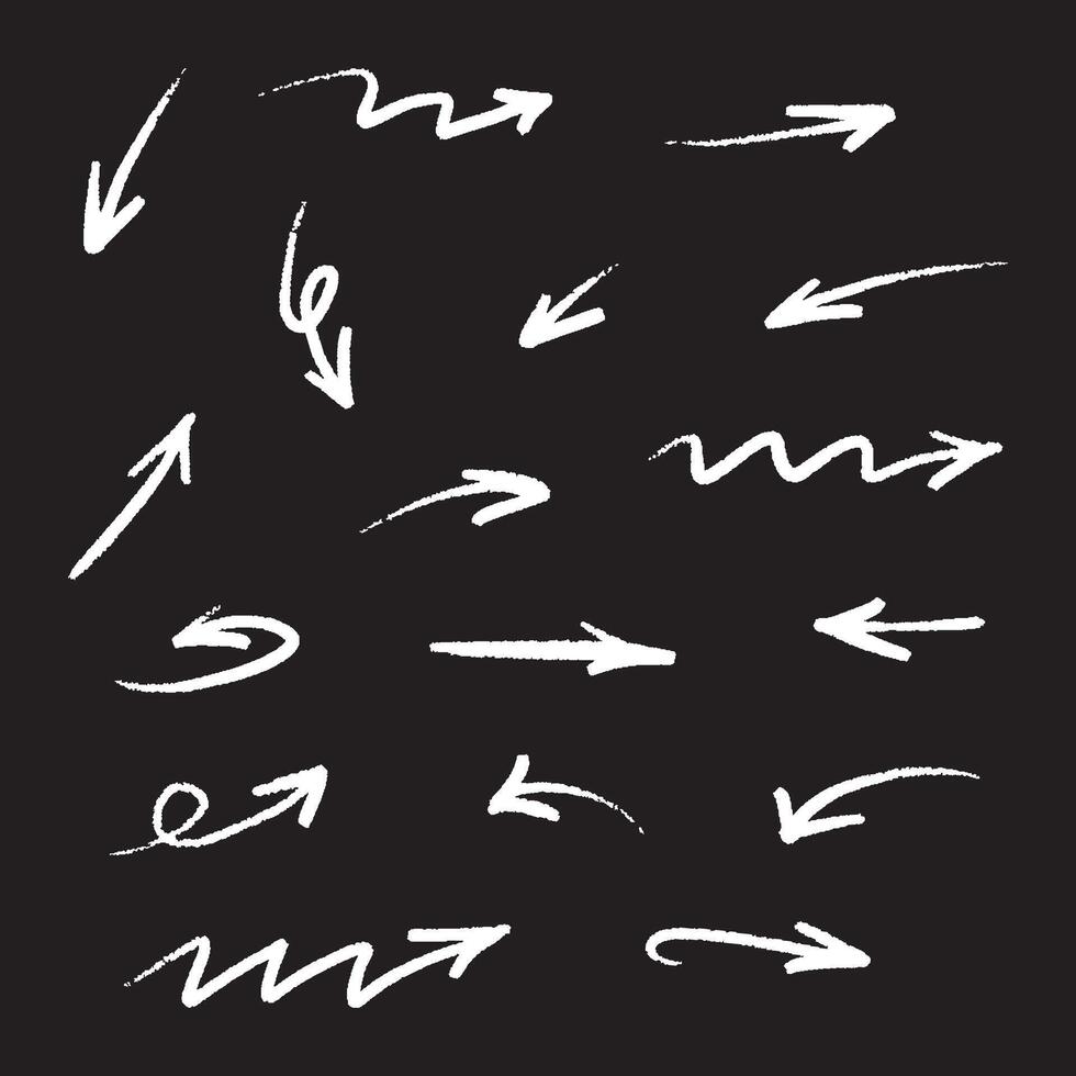 Set hand drawn arrows. Simple chalk arrows isolated on black background vector