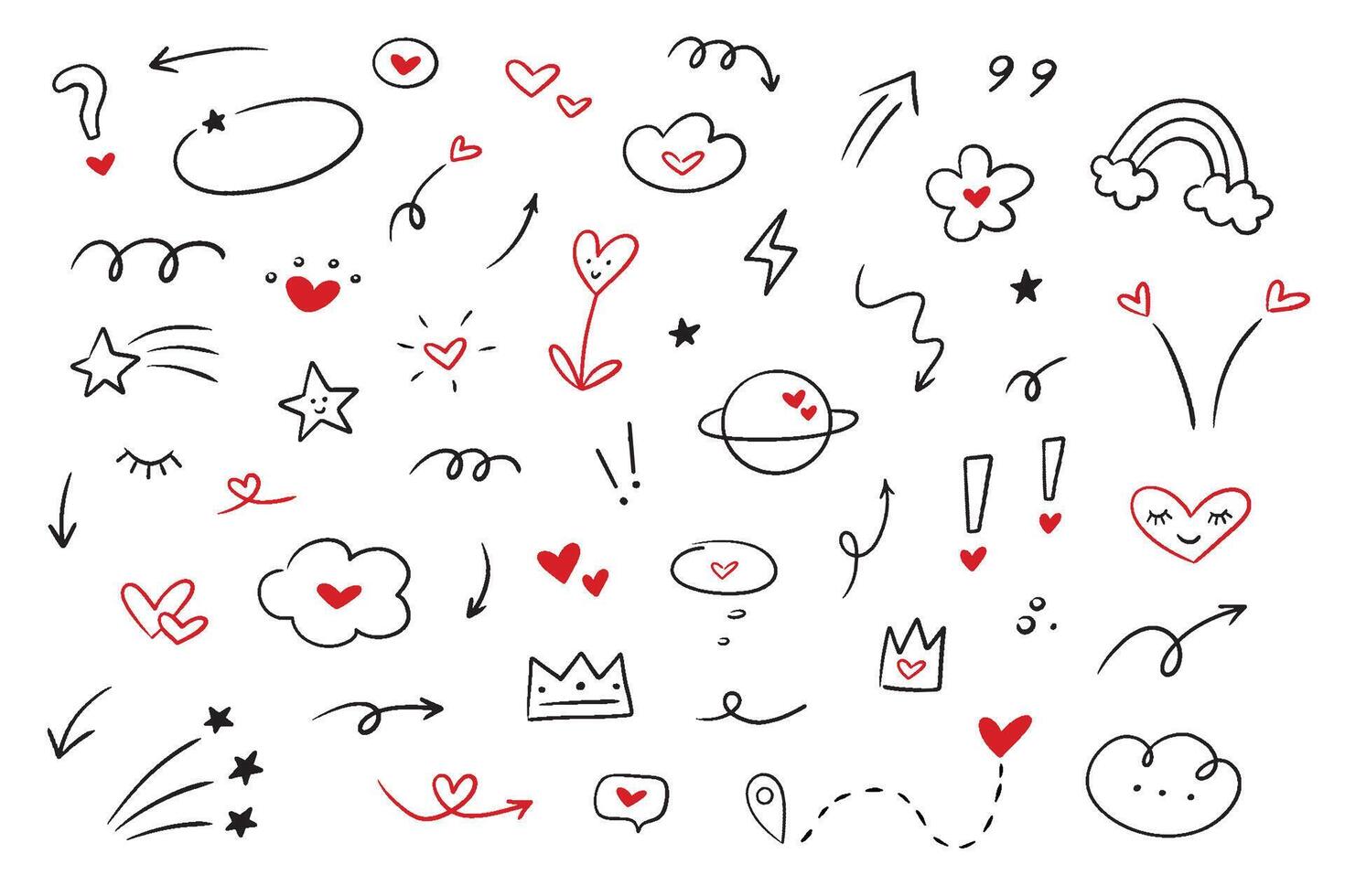 Set of valentine doodle element .. Hand drawn collection simple elements with hearts isolated on white background. vector