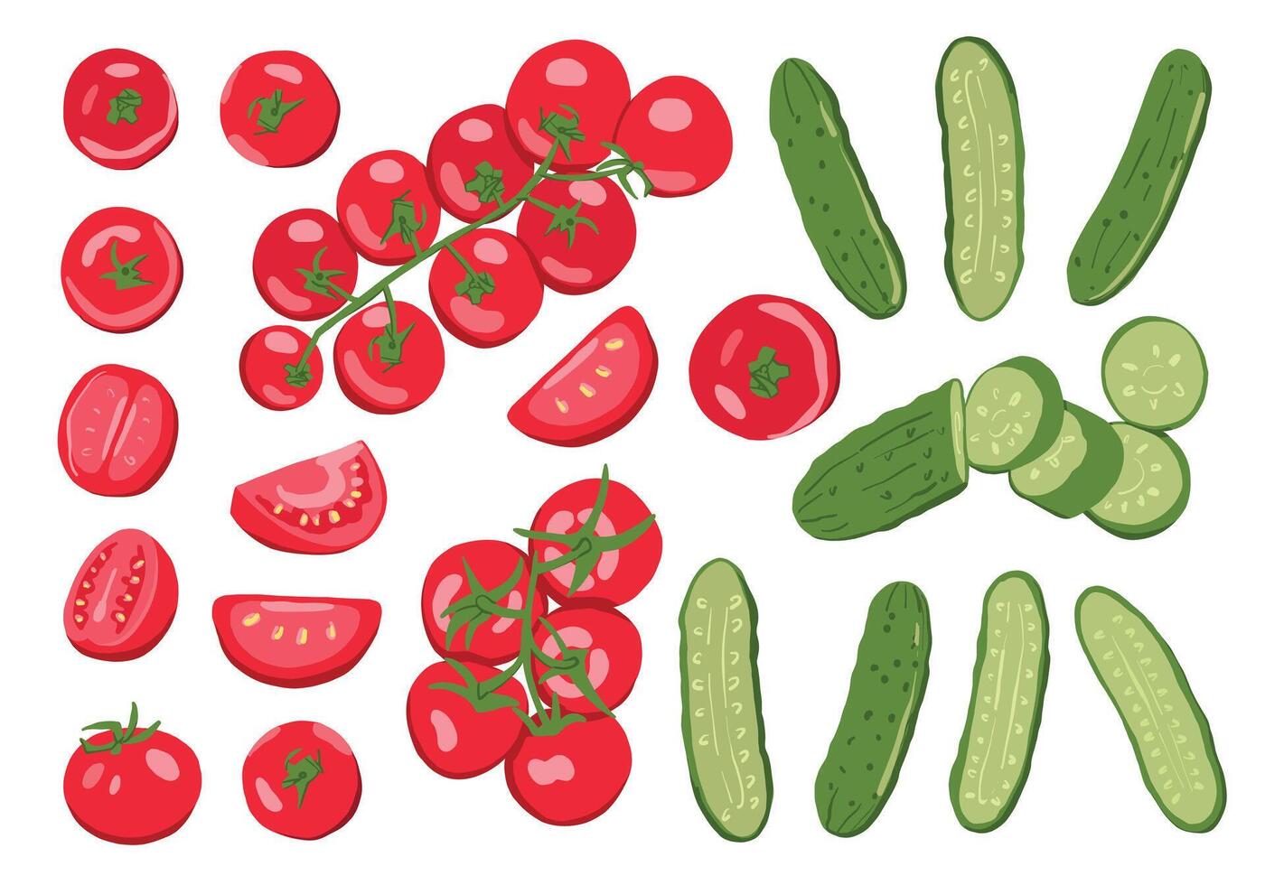 Cherry Tomatoes and Cucumbers Set Isolated on White Background vector