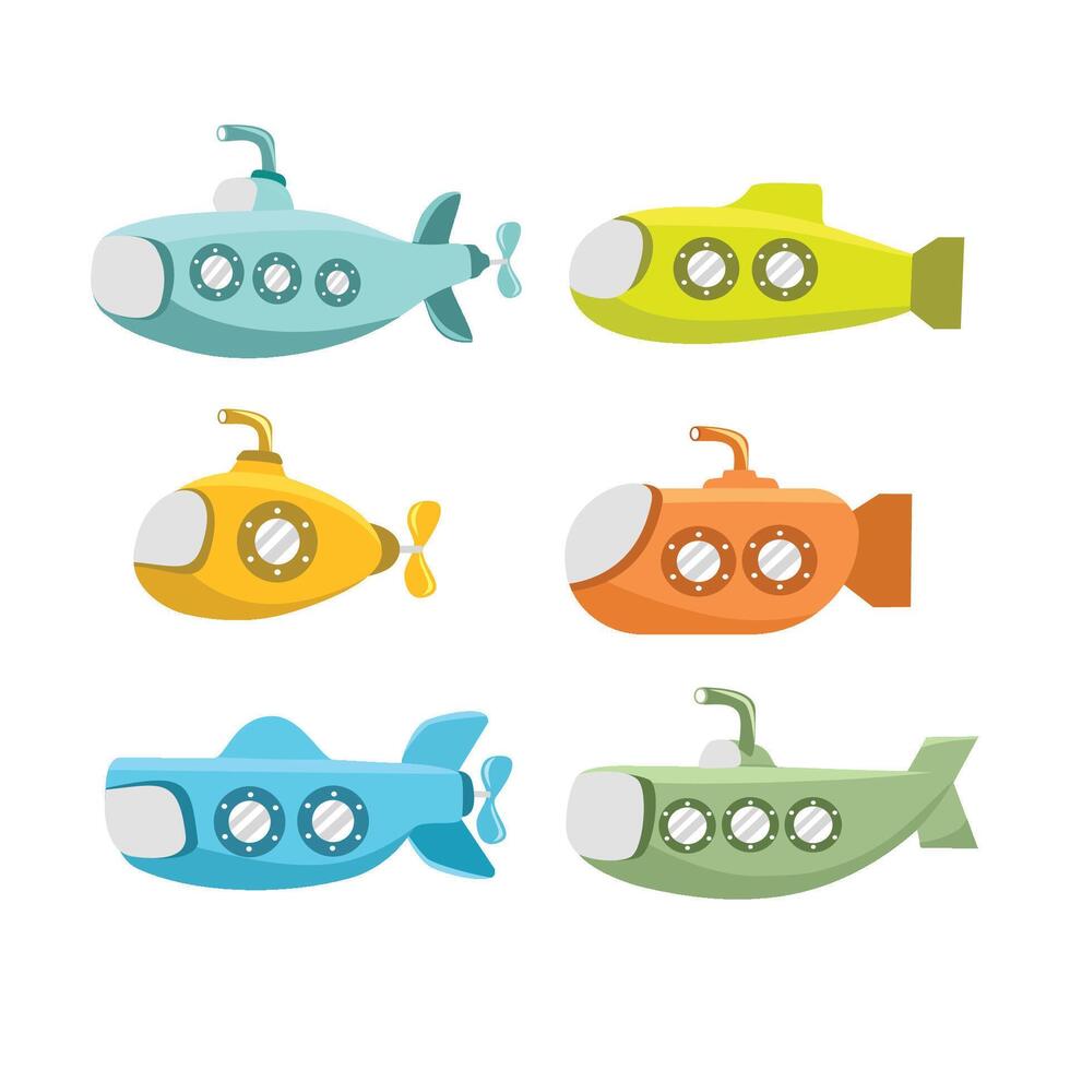 Watercraft illustration. Set of submarine. Colorful submarine. Set of submarine illustration. Torpedo. Underseas boat. Submersible. Ship. Warship. U boat. vector