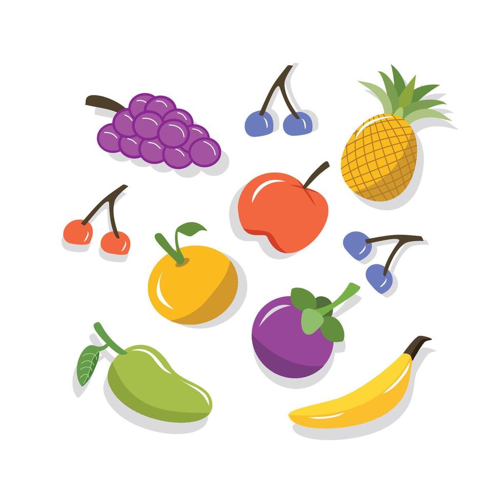 Set of fruit. Fruit collection. Healthy food. Grape. Pineapple. Orange. Mangosteen. Mango. Banana. Cherry. Berry. vector