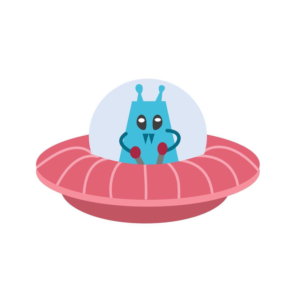 Blue alien. Cute alien. Colorful alien. Ufo with blue alien. Ufo spaceship. Scifi. Spacecraft. Flying saucer. Spaceship. vector
