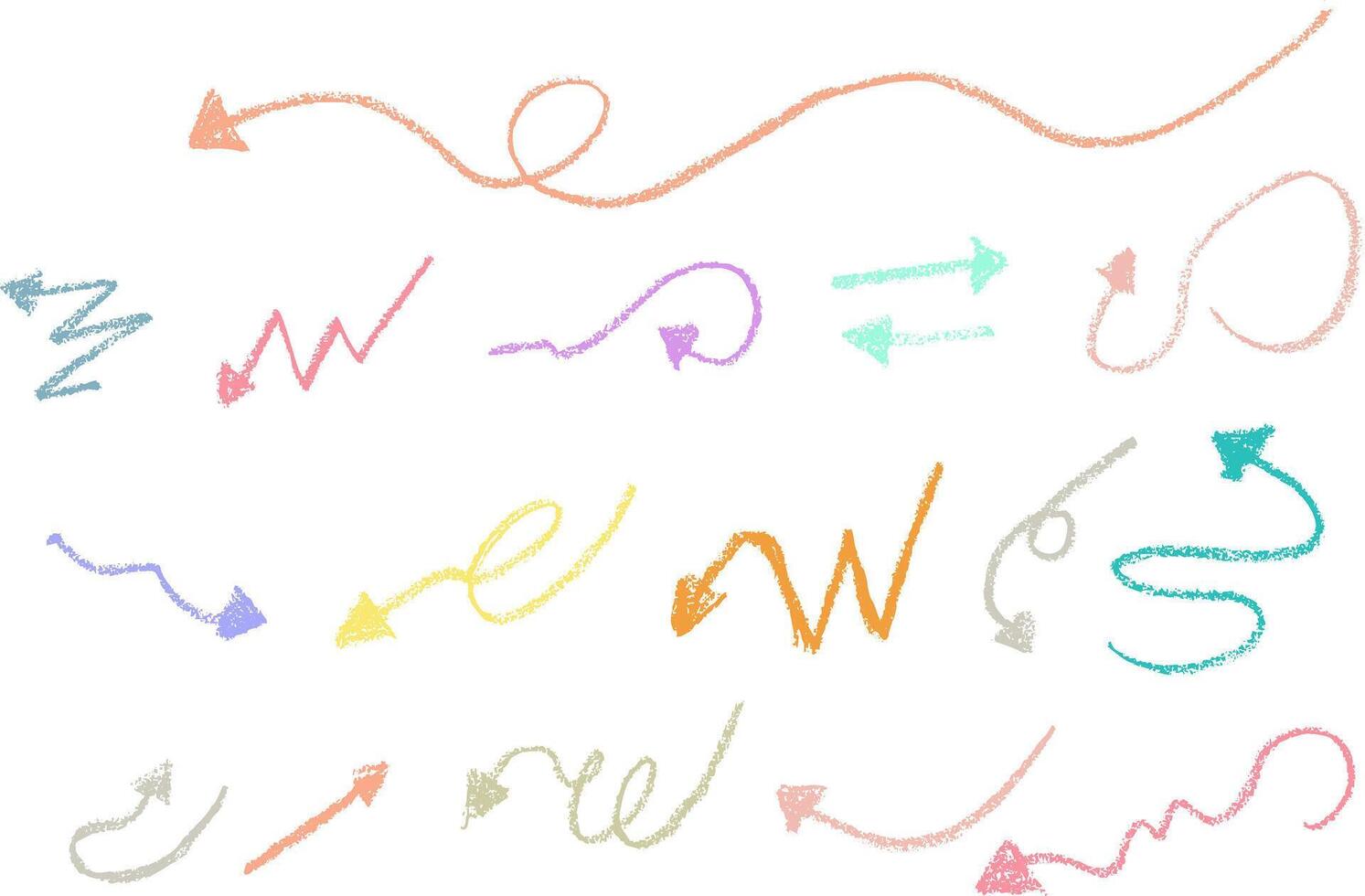 Set of hand drawn arrows with pastel colorful crayons. Collection of grunge thin arrows in different directions isolated on white vector