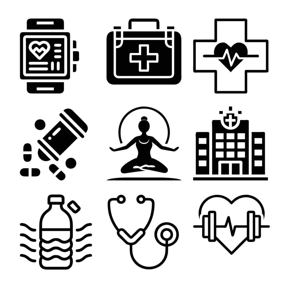 Set of Health and Wellness Icons - Modern Design for Fitness, Nutrition, and Mental Well-being vector
