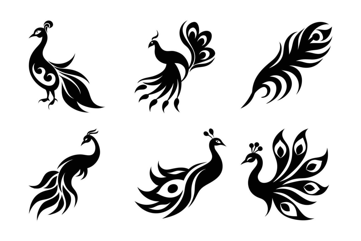 Set of Tribal Tattoo Peacock Silhouettes Displaying Feathers - Designs vector
