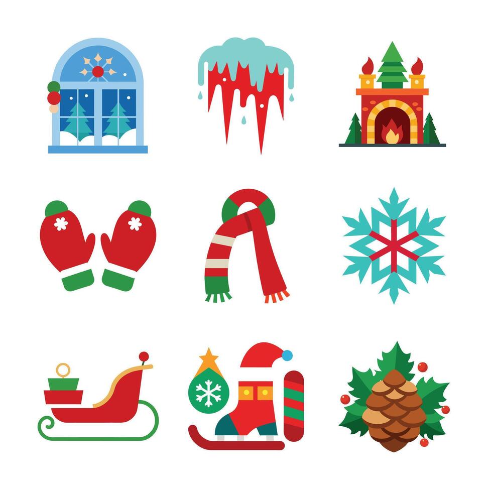 Set of Christmas Winter Elements Festive Decorations and Snowy Icons vector
