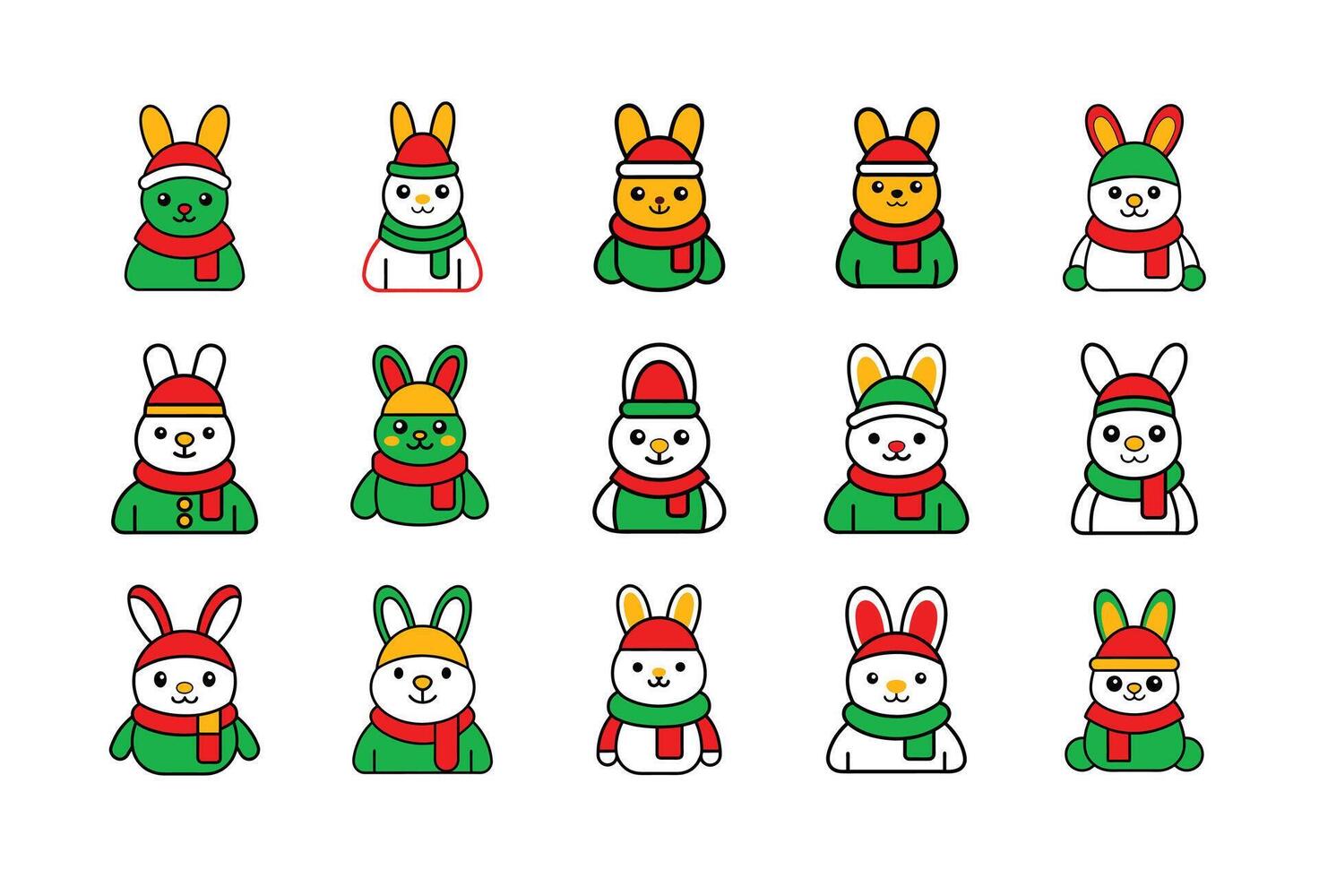 Set of Outline of a Cute Bunny Wearing Santa Claus Hat and Scarf on White Background vector