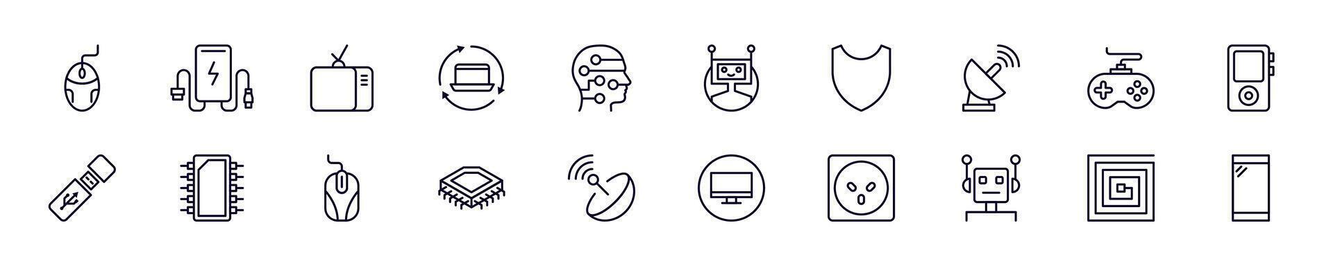 Electronics linear symbols pack. Outline symbol and editable stroke for apps, stores, shops, infographics vector
