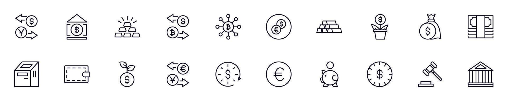 Money, finance, economy thin line icons set. Simple linear illustrations that suitable for apps, infographics, books, online shops and stores vector