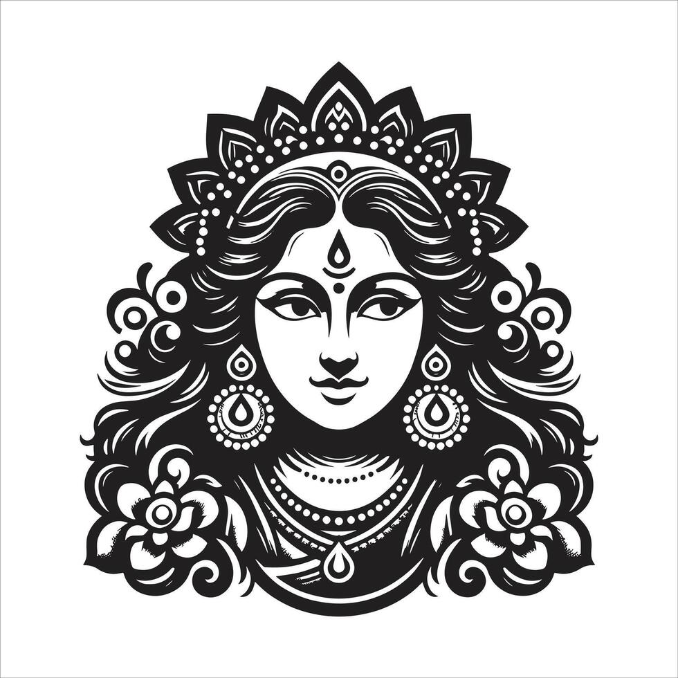 Goddess Laxmi and Maa Durga Divine Warrior Silhouette Outline Art with Lakshmi Mata on Lotus Flower for Lakshmi Puja Special Design vector