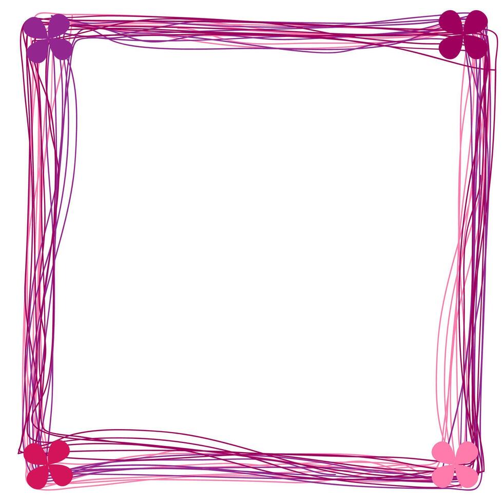 Purple and pink frame drawn in doodle style with a floral pattern on a white background vector