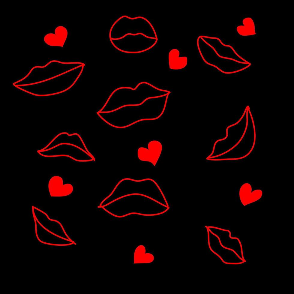 An original pattern in the form of lips and hearts drawn in red pencil on a black background in doodle style vector