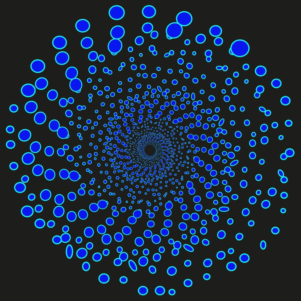Round pattern in the form of a blue spiral of circles and droplets of water on a black background vector