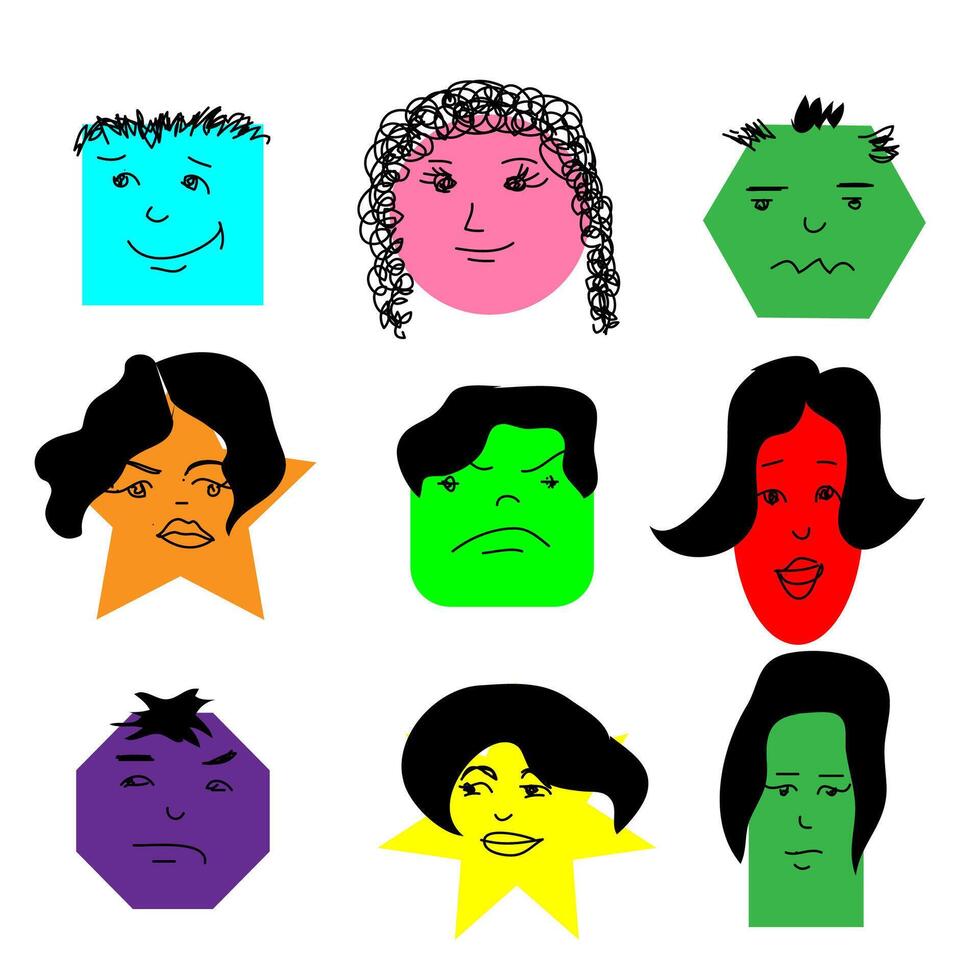 Set of multi-colored original emoticons drawn in doodle style vector