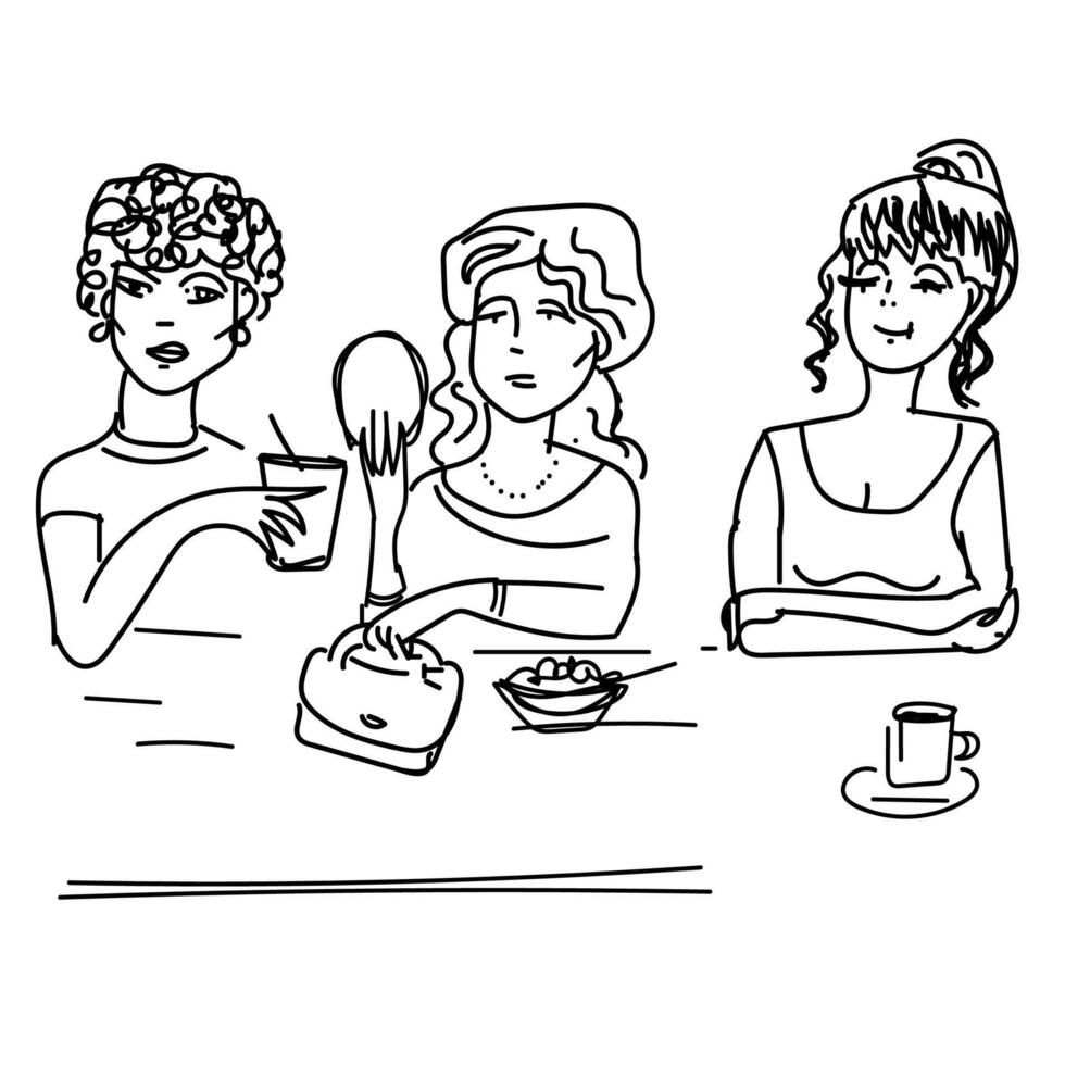 Sketch drawn in pencil in the form of three women sitting at a table drinking coffee vector