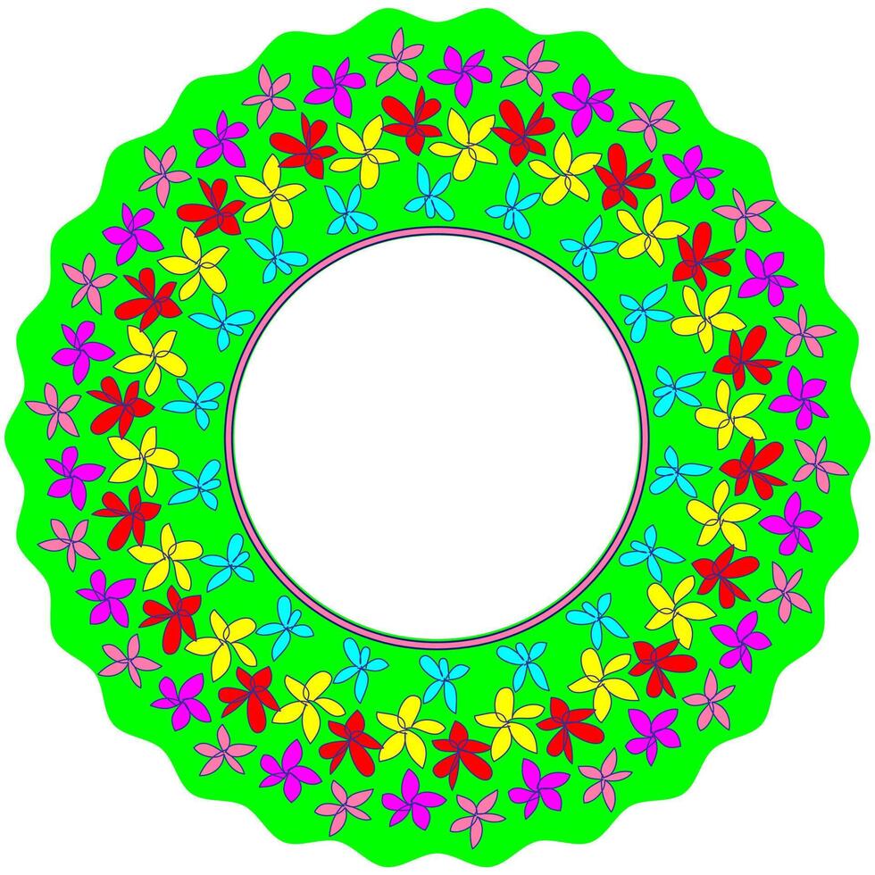 Bright round green frame decorated with a pattern of multi-colored flowers vector