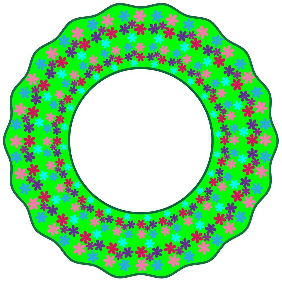 Round green frame decorated with small multi-colored flowers vector