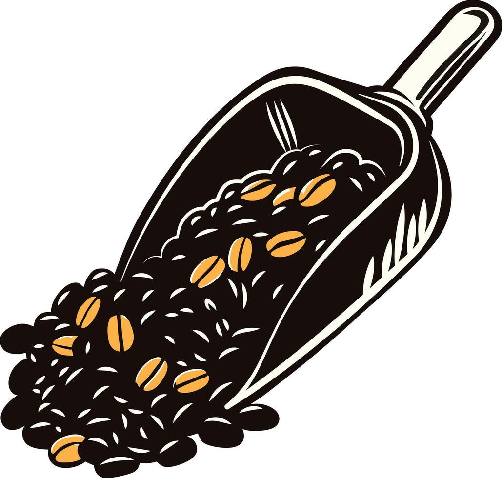 Pouring beans with a coffee scoop, vintage icon vector