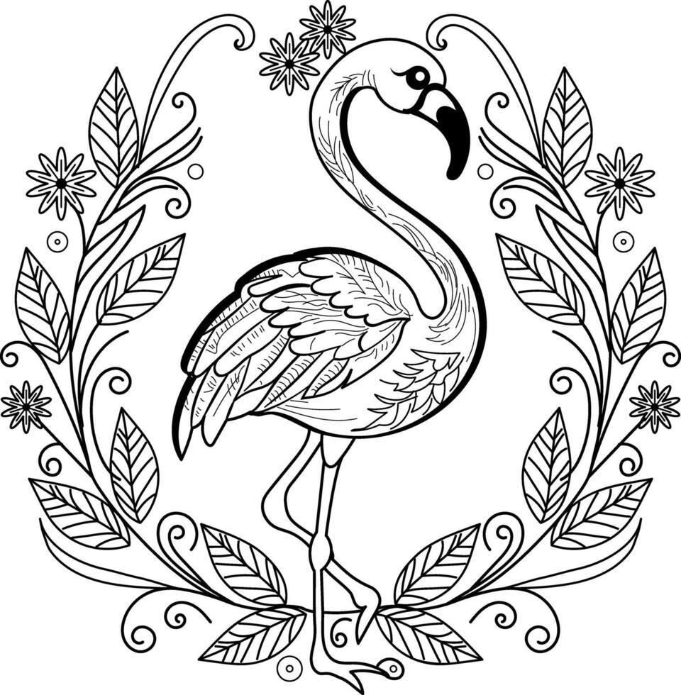Beautiful flamingo bird with floral wreath, vintage illustration vector