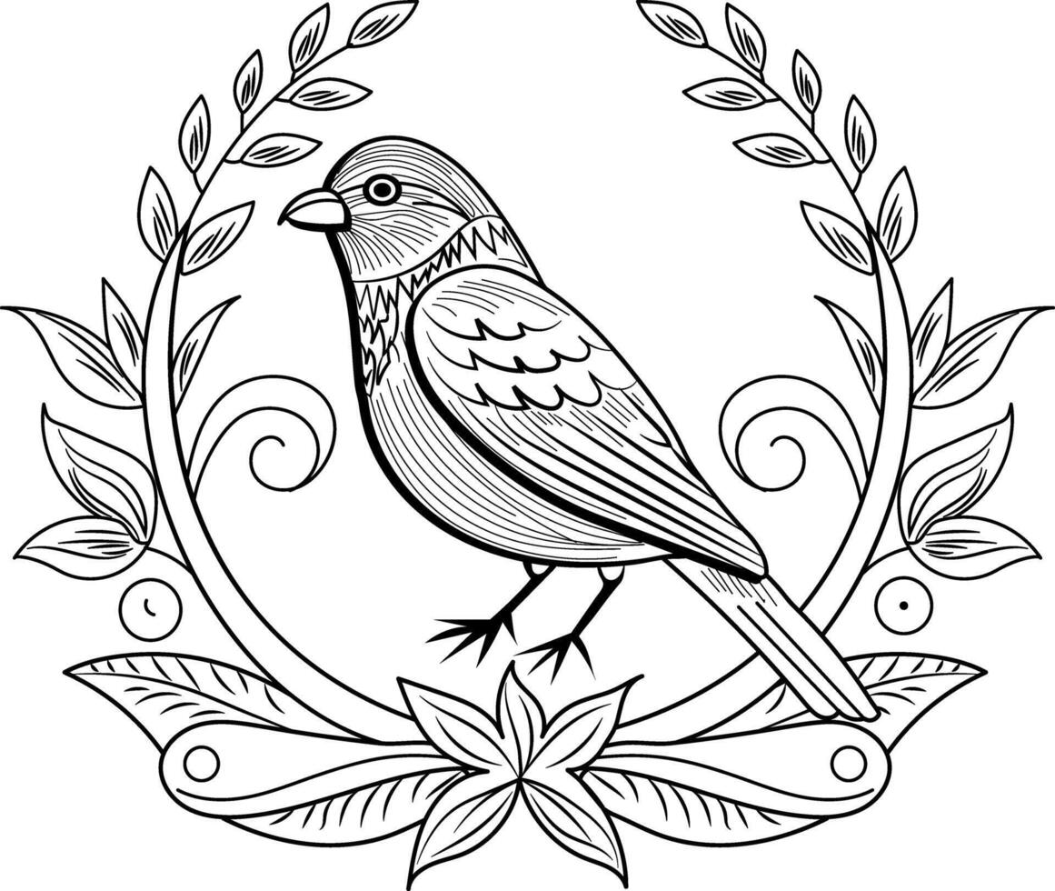 Wreath with true finch bird, vintage style illustration vector