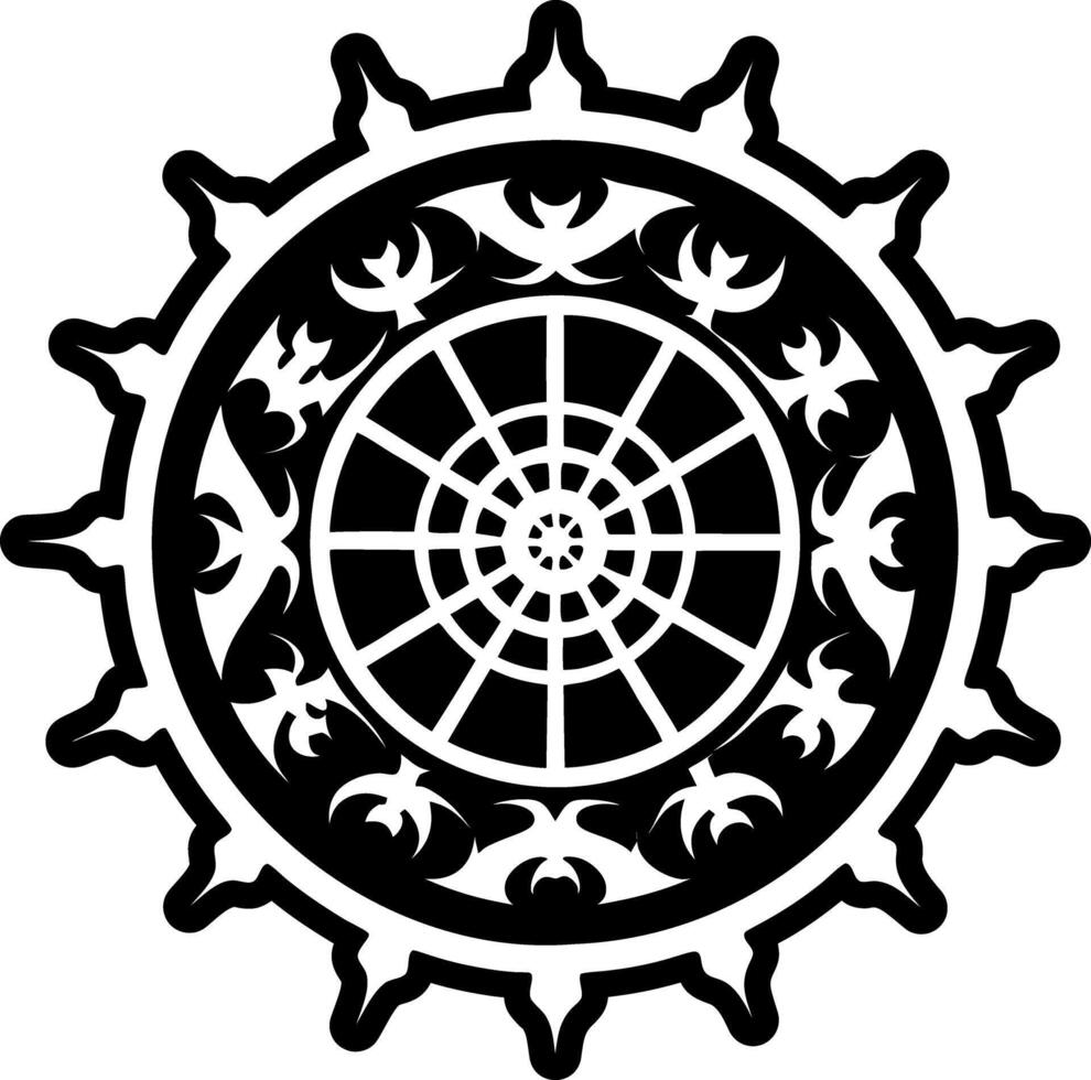 Solid style icon depicting dharma wheel vector