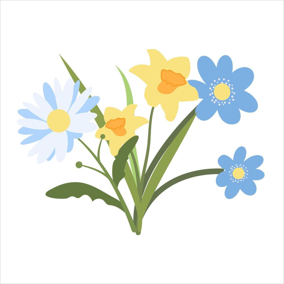 Naive Simple Design of Hepatica, Daisy and Narcissus Flowers. Spring Bouquet of Three Flowers in Flat Style. Naive Botanical Element Perfect for Banners, Posters, Flyers, Cards, Social Media, Web. vector