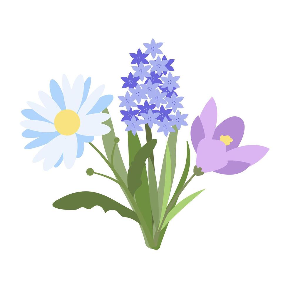 Bouquet of Three Flowers in Flat Style. Simple Spring Design of Crocus, Chamomile and Hyacinth Flowers. Naive Botanical Element Ideal for Banners, Posters, Flyers, Cards, Social Media, Web. vector