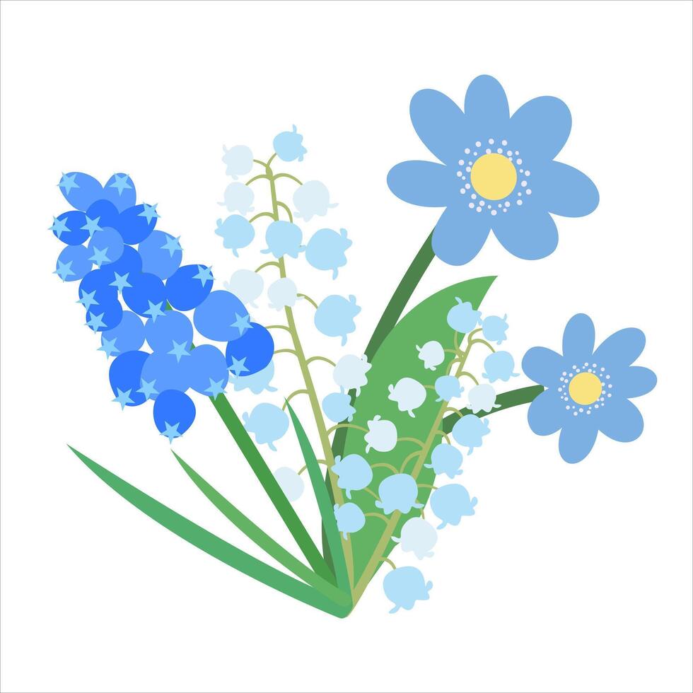 Naive Simple Design of Flowers Hepatica, Lily of the valley, Muscari. Spring Bouquet of Three Flowers in Flat Style. Naive Botanical Element Perfect for Banners, Posters, Flyers, Cards, Social Media. vector