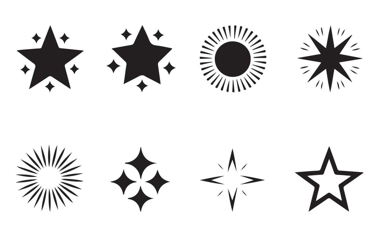 Shine or sparkle icon set, Set of blinking stars, sparks and sparkles. Shining twinkle sunburst shapes collection. vector