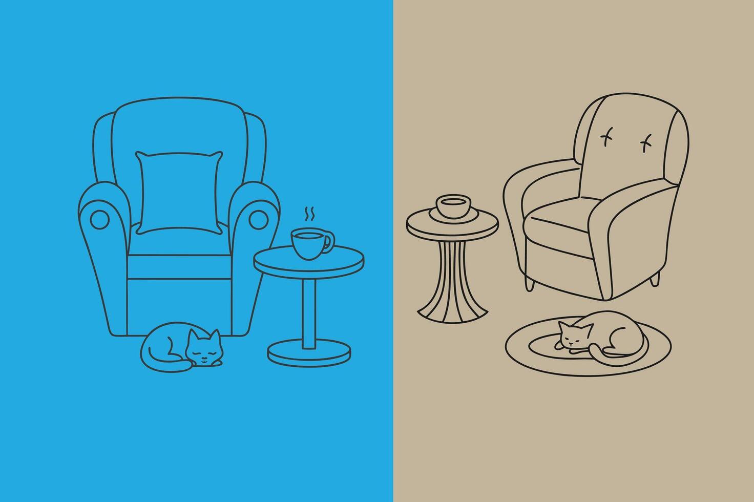 Two different illustrations of chairs and a cat vector