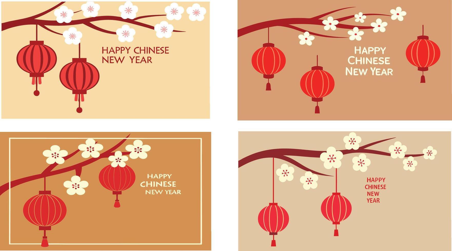 Four chinese new year cards with lanterns and flowers vector