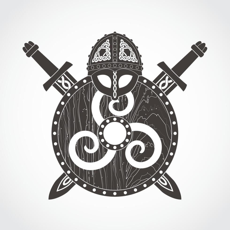 viking shield with crossed swords and helmet heraldry logo design vector