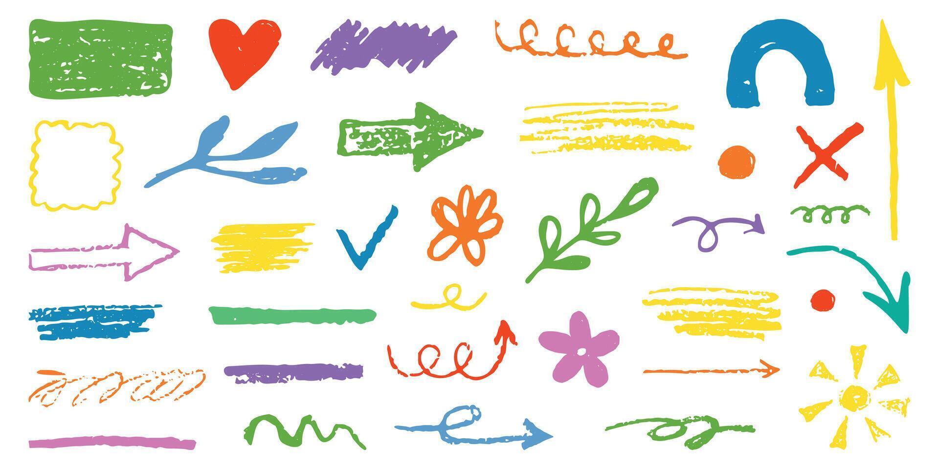 Grunge crayon kid illustrations. Hand drawn Pastel arrow, figures, spiral, collage. Child geometric abstract elements. Cute pencil underline set. Funky chalk scribble in doodle style. Isolated vector