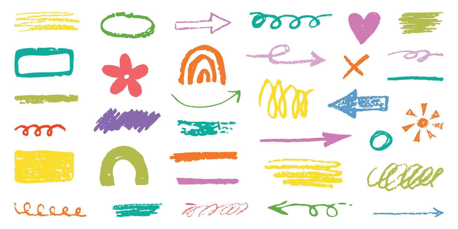 Hand drawn crayon kid illustrations in doodle style. Funky chalk scribble. Pastel arrow, figures, spiral, collage. Child Grunge geometric abstract elements. Cute pencil underline set. Isolated vector