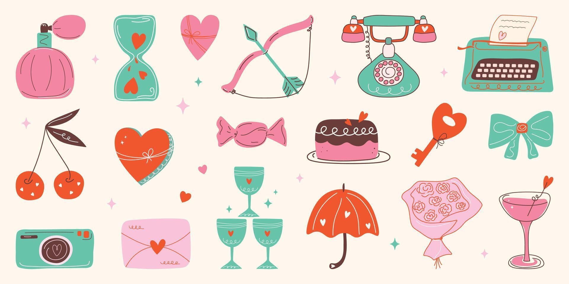 Valentine's day sticker set. Funky Hand drawn groovy cartoon elements.14 February love coquette collection with heart, flowers, bow. Saint Valentine design in flat style. Isolated illust vector