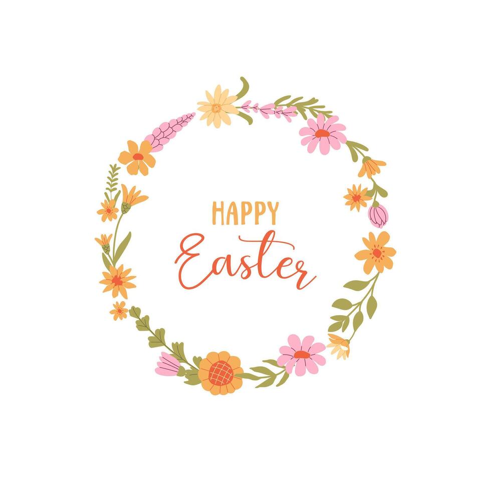 Easter card, banner, poster, background with wreath of spring flowers in minimalistic style vector