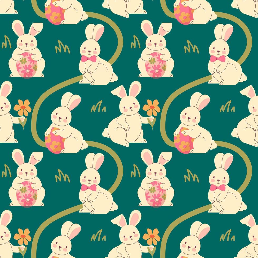 Easter egg hunt seamless pattern. Children background with cute Easter bunnies vector