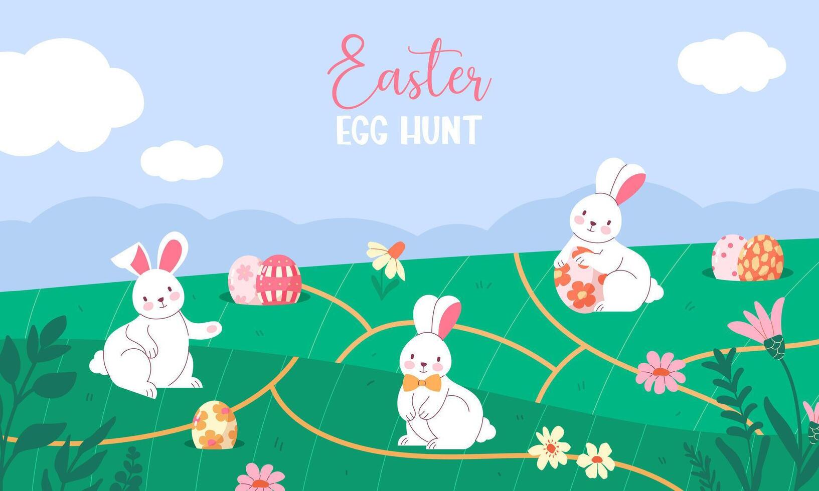 Easter Egg Hunt. banner with cute bunnies on a green field. Cute child background hand drawn backgrounds vector