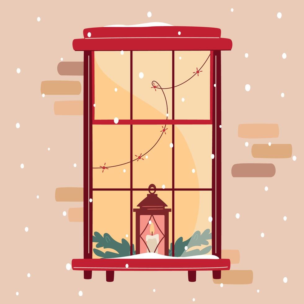 Christmas window with candlestick with lit candles decorated with lights and fir branches. Snowfall, warm Christmas or New Year atmosphere. Cozy winter evening vector