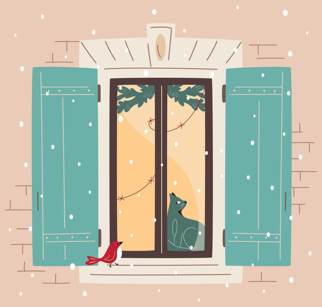 Christmas window with open shutters decorated with lights and fir branches. Cat sitting at windowsill and looking at bird outside. Snowfall, warm Christmas atmosphere. Cozy winter illustration vector