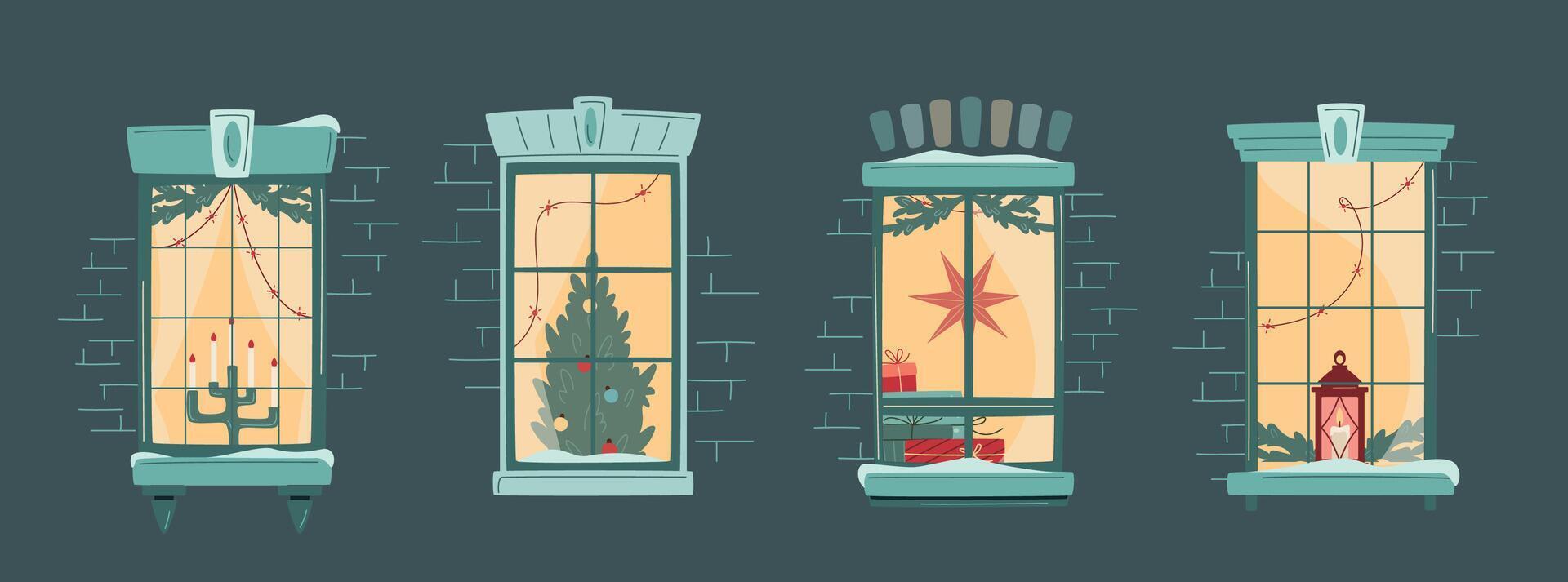 Set of Christmas window decorated with lights, fir branches, pile of gift boxes and decorated christmas tree. Cozy winter evening. Snowfall, warm Christmas or New Year atmosphere vector