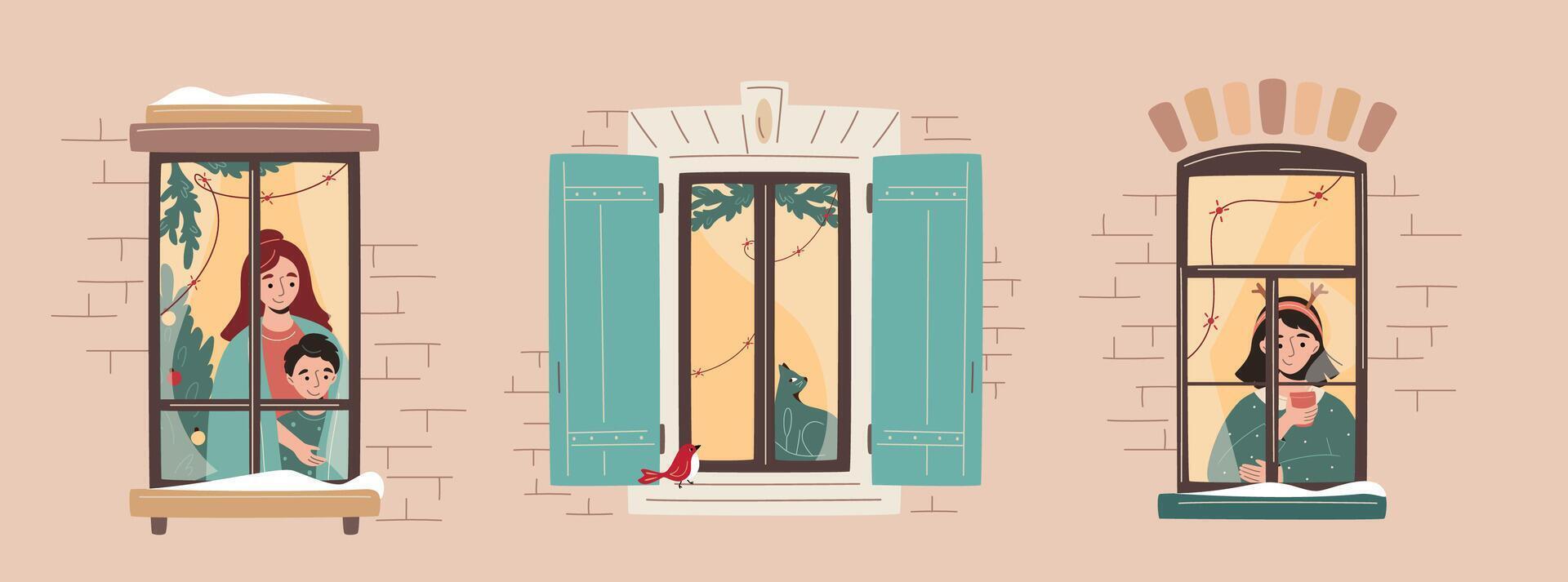Set of Christmas window decorated with lights, fir branches with characters - girl, mother and sun, cat. Cozy winter evening. Snowfall, warm Christmas or New Year atmosphere vector