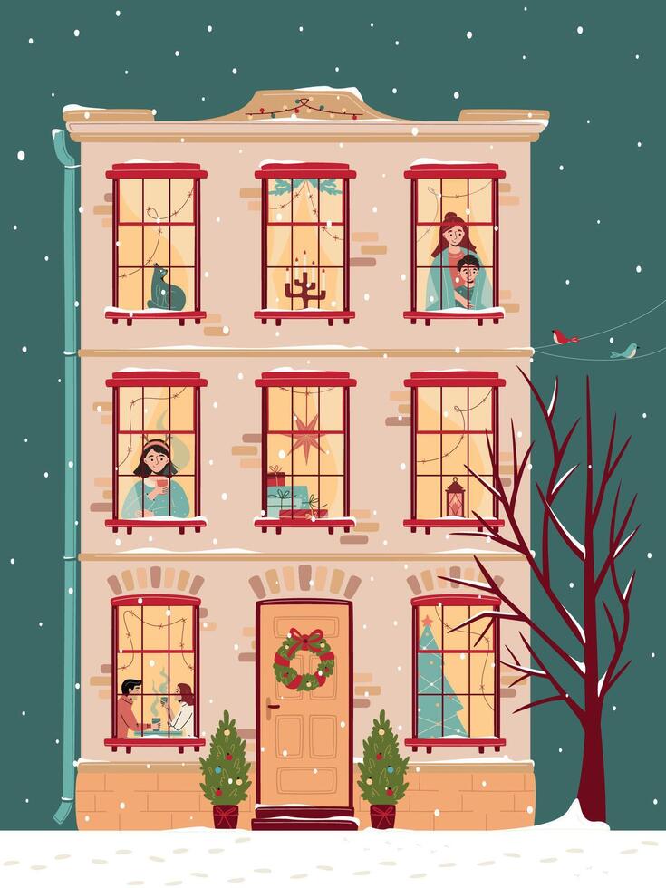 Cute Christmas house with windows decorated with lights and fir branches. People in the windows spending time at home at xmas eve. Snowfall, warm Christmas atmosphere. Cozy winter illustration vector
