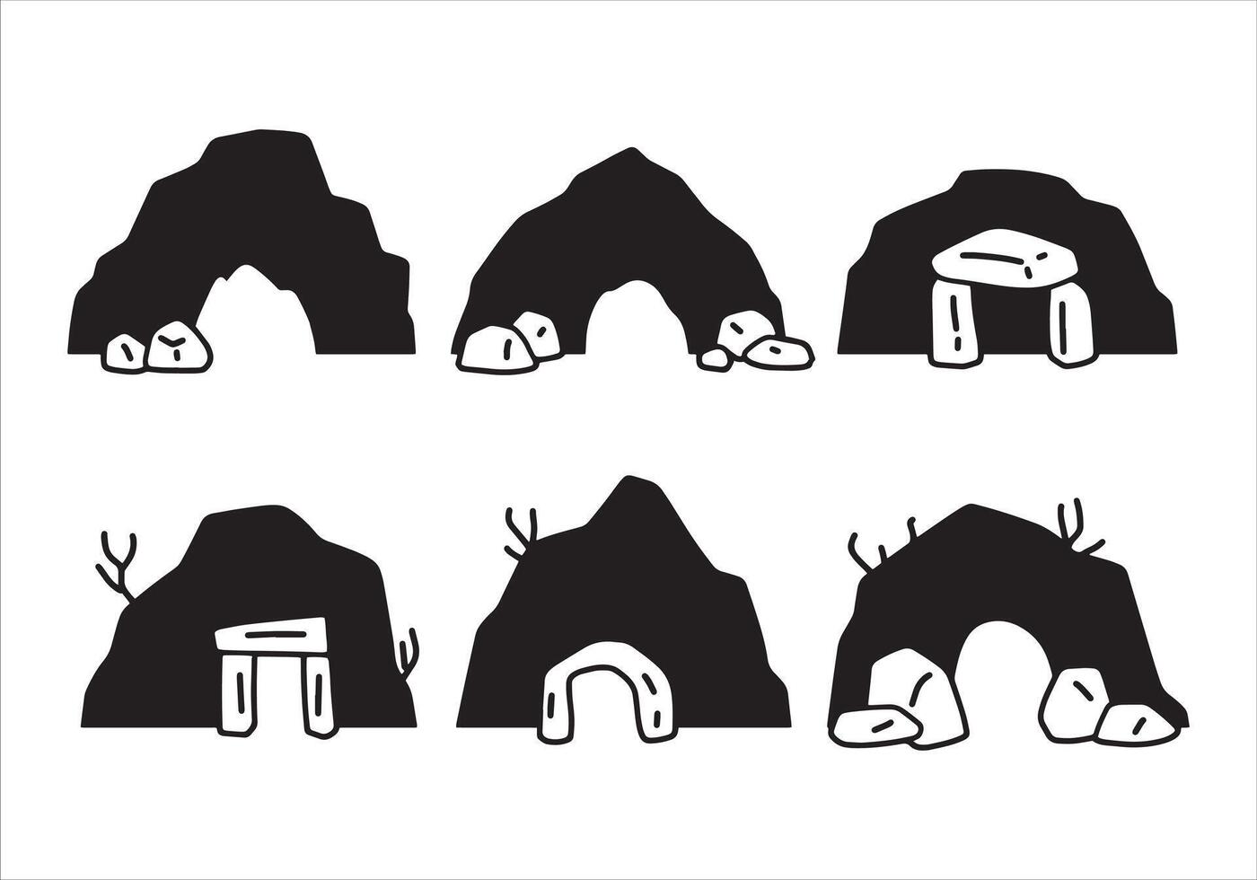 Cave set. Cavern tunnel in mountain icon. Prehistoric stone underground. Hole in rock. Geology black landscape. Entrance in cave vector