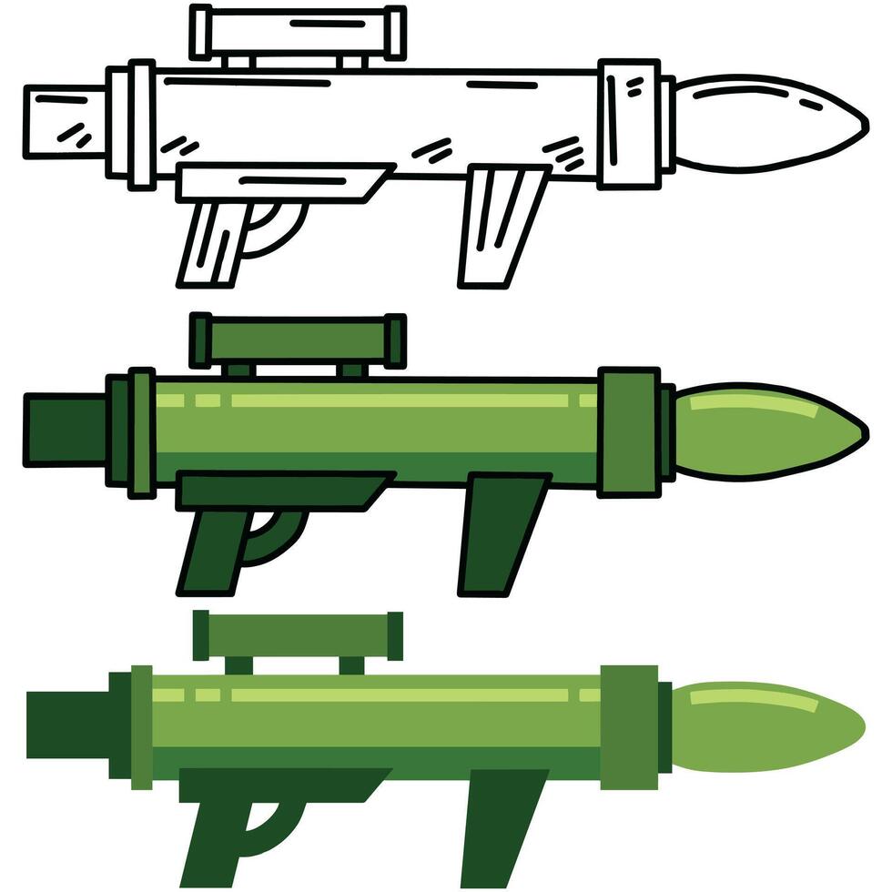 Bazooka gun. Rocket rpg launcher. War and battle element. Explosive missile handgun. Flat grenade military firearm. Cannon or rifle weapon. Army anti tank bazooka equipment vector