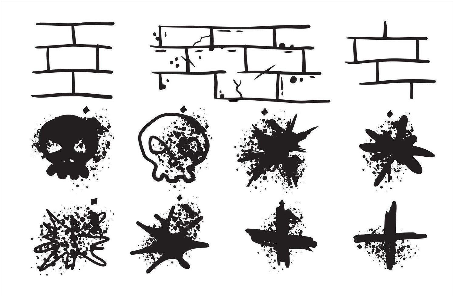 Graffiti spray print. Set of urban black splatter. Ink paint spot. Abstract texture grungy element. Brush stain drop art vector