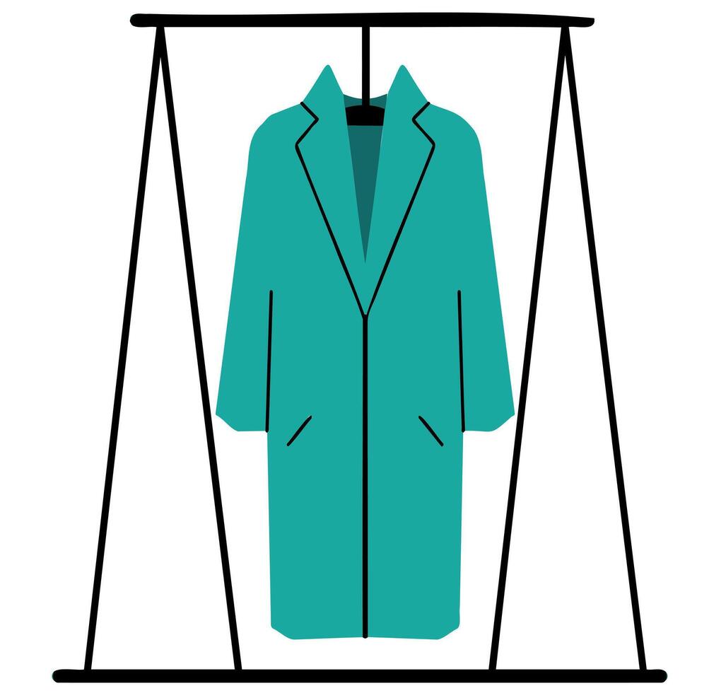 Coat on hanger. Hanging jacket in shop. Rack with clothes in wardrobe. Boutique or boutique assortment. Fashion modern dress. Apparel wearing vector