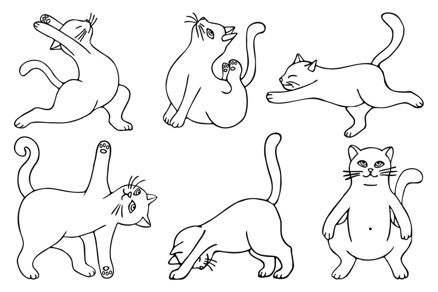 a set of outline drawings of yoga cats, hand-drawn in a cartoon style. vector